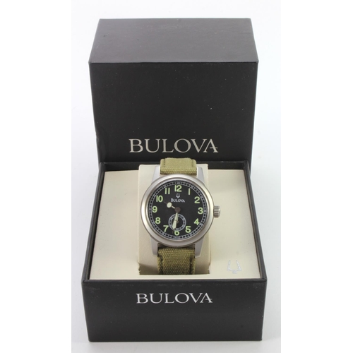 575 - Gents  96A 102 Bulova military style quartz wristwatch. Boxed with booklet, watch untested