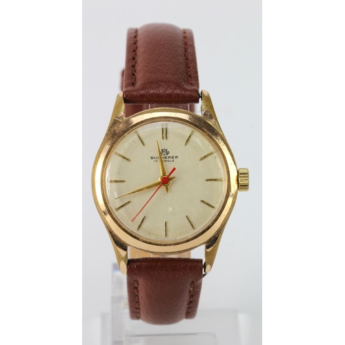583 - Gents gold plated Bucherer manual wind wristwatch. The cream coloured dial with gilt baton markers a... 