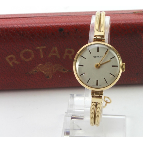 590 - Ladies 9ct cased Rotary wistwatch on a 9ct bracelet. Total weight 16g, watch working when catalogued