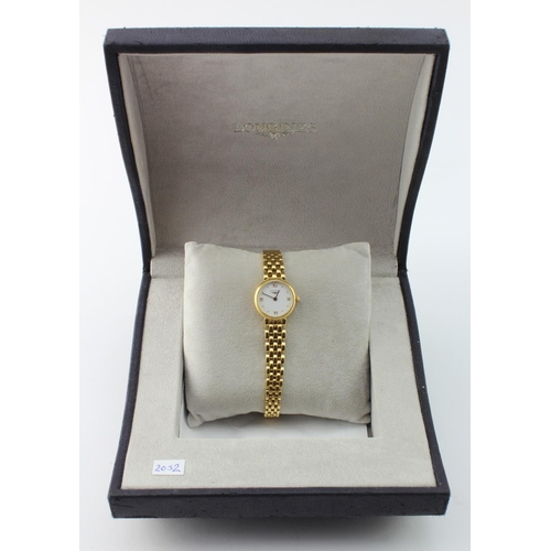 591 - Ladies 18ct cased Longines quartz wristwatch (purchased 2004), No. L6 107 6. The white enamel and di... 