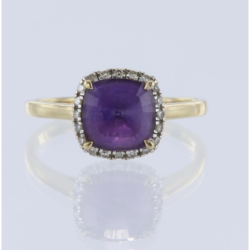 8 - 9ct yellow gold amethyst and diamond cluster ring, one cushion mixed cut amethyst measuring 8mm x 8m... 