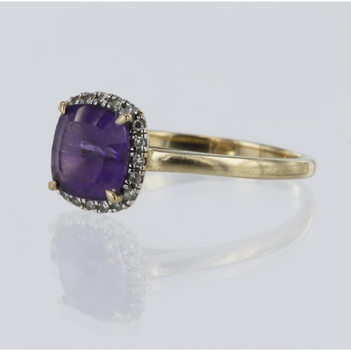 8 - 9ct yellow gold amethyst and diamond cluster ring, one cushion mixed cut amethyst measuring 8mm x 8m... 