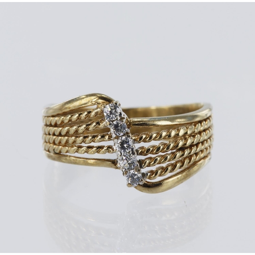 9 - 9ct yellow gold rope design multi row offset ring set with five round cz, finger size M/N, weight 2.... 