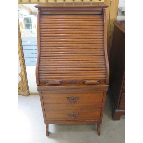 A Small Oak Roll Top Bureau With Two Drawers Pull Out Writing