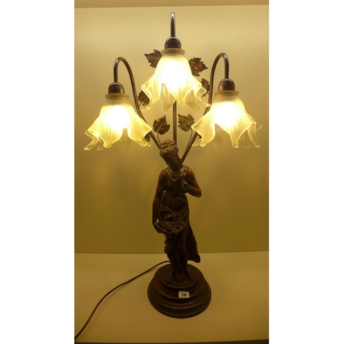 18 - A Bronze effect figural table lamp with 3 glass shades, working, 81cm tall