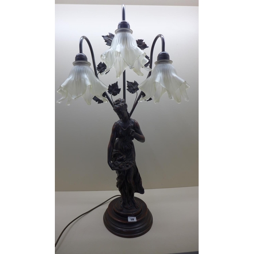 18 - A Bronze effect figural table lamp with 3 glass shades, working, 81cm tall
