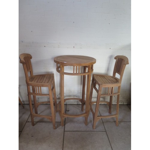 4B - A new Oliver Heartwood Madagascar garden bar table 100cm x 60cm x 60cm and two Madagascar bar chairs... 