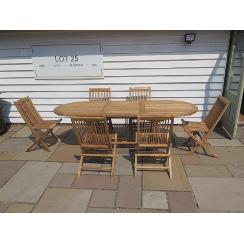 33 - A new boxed teak garden table & 6 folding chairs. Table size extends from 150cm to 200cm with a  sin... 