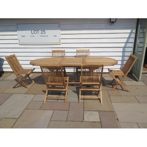 34 - A new boxed teak garden table & 6 folding chairs. Table size extends from 180cm to 240cm with a 90cm... 