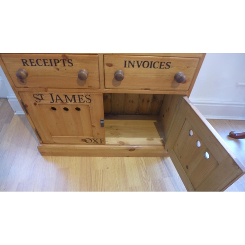 1 - A new pine school-type chest with 5 itemised drawers above 2 cupboard doors 79cm tall, 77 x 30cm