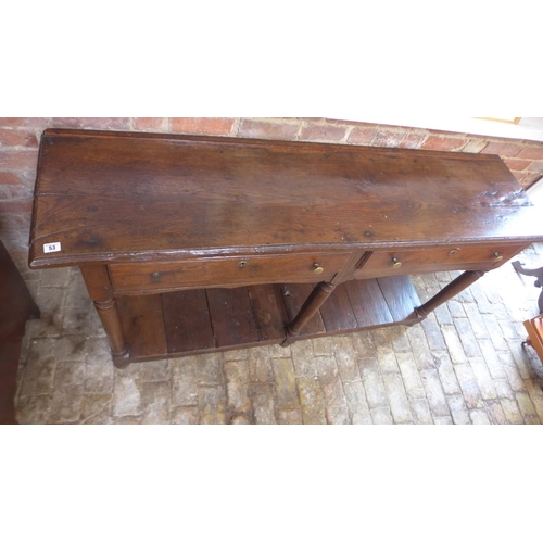 53 - An 18th century oak potboard dresser base with two drawers with a good patina - missing one knob. 16... 