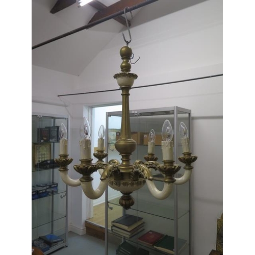 16 - A painted carved wood 6 branch candelabra ceiling light fitting, 70cm tall x 60cm wide
