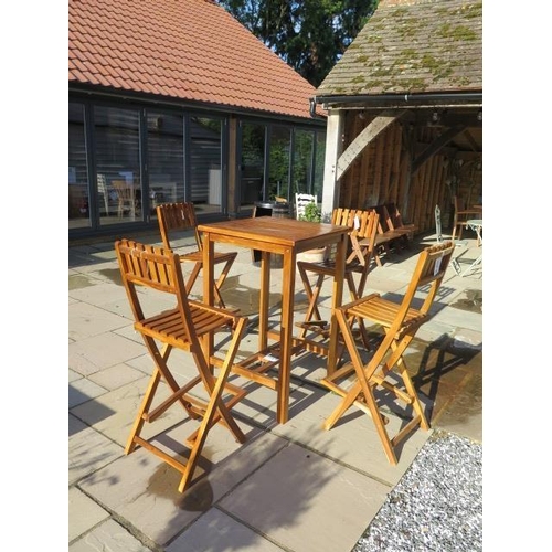 39 - A new Oliver Heartwood Dunbar bar table and 4 Dunbar folding bar chairs, table 70cm x 70cm x 110cm t... 