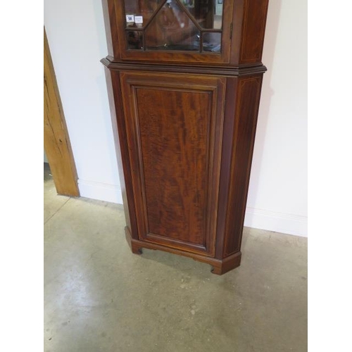 58 - A good quality Edwardian mahogany inlaid corner cupboard with a glazed top over a single door, split... 