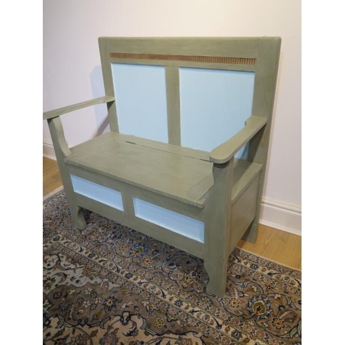 7 - A painted pine hall bench with a lift up seat, 98cm tall x 95cm x 49cm