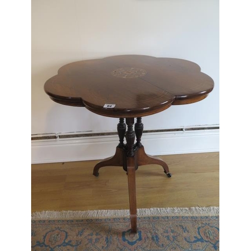 64 - An Edwardian fine rosewood tripod table with inlaid shaped top on three turned and reeded column and... 