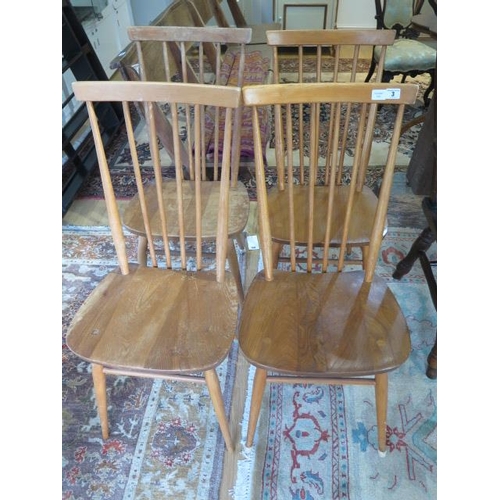 3 - A set of four ercol 1960 elm seated kitchen chairs, numbers 2056, two have slight movement and one i... 