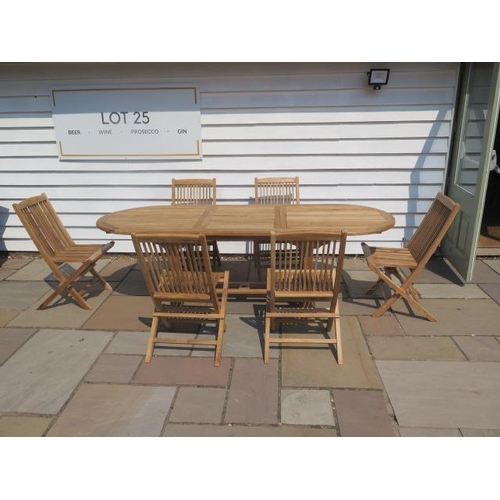 1 - A new teak garden table and 6 folding chairs. Table size extends from 180cm to 240cm with single fol... 