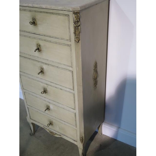 64 - A painted continental marble top 6 drawer chest, marble has been repaired, 125cm tall x 64cm x 39cm