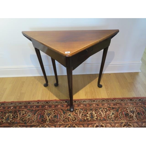 53 - A 19th century mahogany drop leaf corner side table with a small drawer, 70cm tall x 67cm x 67cm whe... 