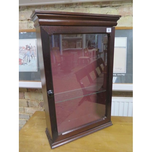 8 - A mahogany effect wall display cabinet, 72cm tall x 46cm x 17cm