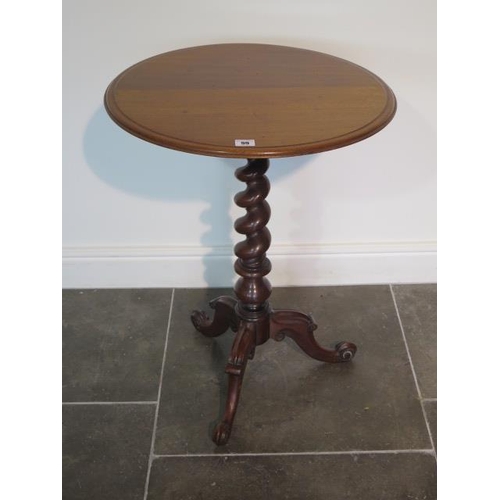 93 - A Victorian mahogany tripod table with barley twist stem over cabriole leg base and scroll foot, top... 