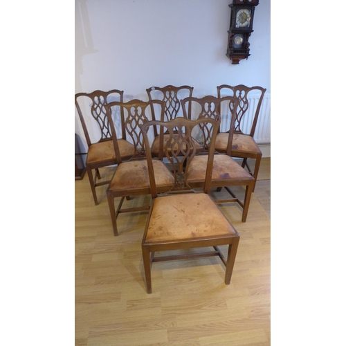 63 - A set of six Georgian style mahogany dining chairs with entwined vase shaped splats with leather dro... 