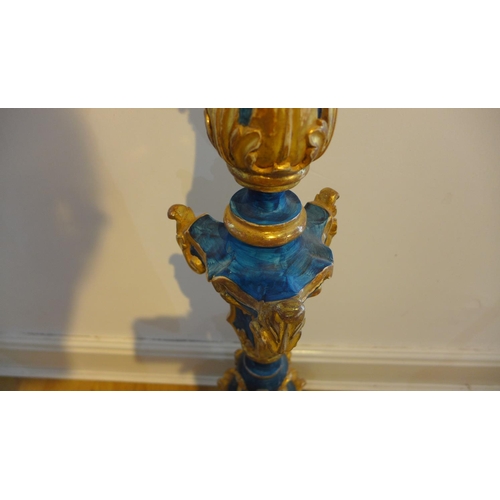 67 - A gilt and blue painted gesso statue or torchere stand, 112cm tall, top 25cm diameter, overpainted a... 