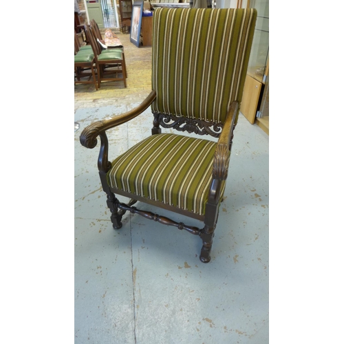 57 - A Victorian acanthus scroll arm open armchair with upholstered back and seat, 111cm tall x 66cm wide