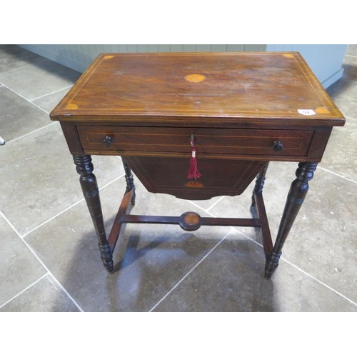 52 - A late Victorian/Edwardian work table with drawer and  basket, mahogany with inlay, with some conten... 