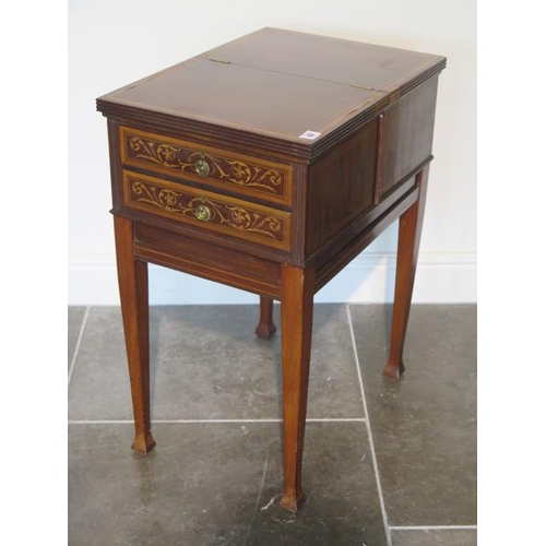49 - An inlaid mahogany worktable with two active drawers and a lift up top on square tapering legs - hei... 