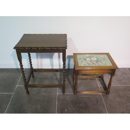 27 - A small oak coffee table with needlework panel under glass on baluster turned legs - height 47cm x t... 