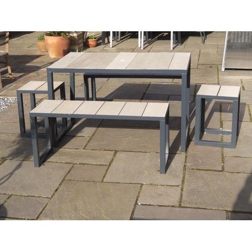 40A - A new commercial quality heavy gauge grey steel and millboard garden/patio table and bench set with ... 