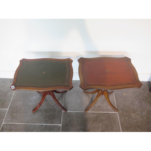 38 - Two similar leather top tilt top wine tables, 49cm tall x 53cm x 39cm
