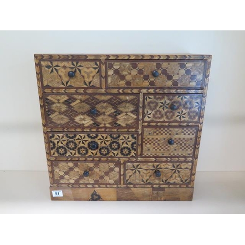 51 - An Oriental parquetry inlaid eight drawer jewellery / collectors chest, 45cm tall x 45cm x 17cm, in ... 
