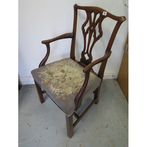 53 - A Georgian mahogany chair with later yew wood arms with a overstuffed needdlepoint seat, 93cm tall x... 