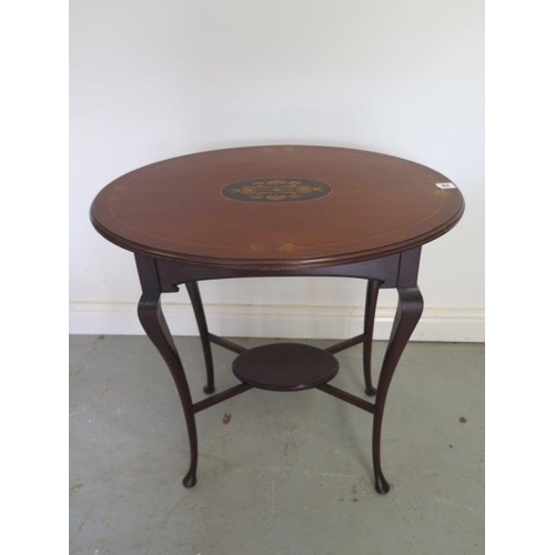 63 - An Art Noveau mahogany inlaid oval side table with an undertier, 70cm tall x 67cm x 49cm, in good co... 