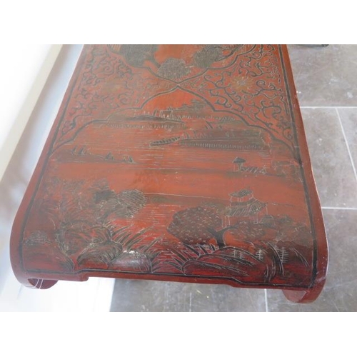 83 - A Chinese 18th / 19th century lacquer altar table decorated with panels depicting scholars and lands... 