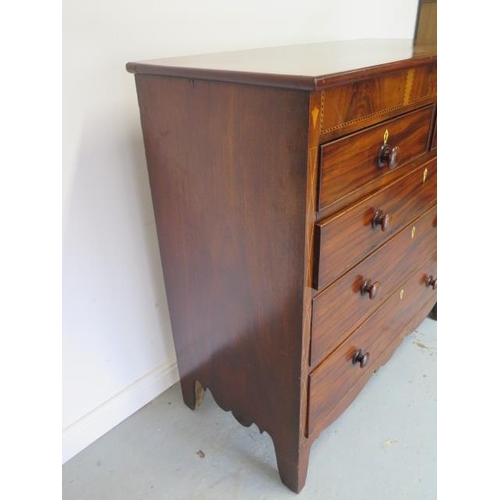 87 - A 19th century mahogany five drawer chest with an inlaid frieze on bracket feet united by a shaped a... 