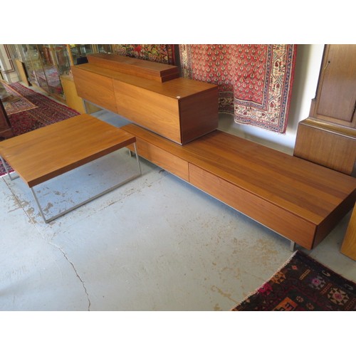 14 - A Designer Teak effect four drawer TV stand sideboard with coffee table and two wall shelves . The s... 