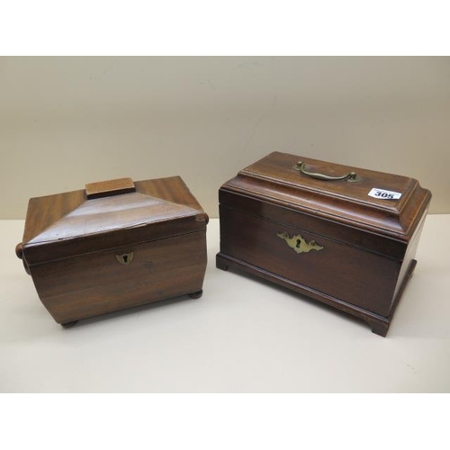 305 - Two 19th century mahogany tea caddies, one with void interior, both ideal restoration projects, larg... 