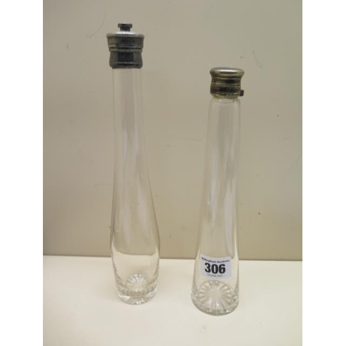 306 - Two glass hunting flasks one with screw off top, 26cm and 23cm tall, both generally good, chain miss... 