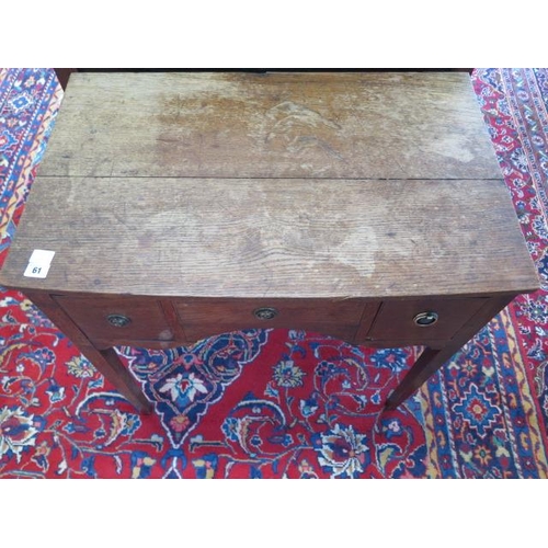 61 - A 19th century oak three drawer side table, 73cm tall x 76cm x 47cm