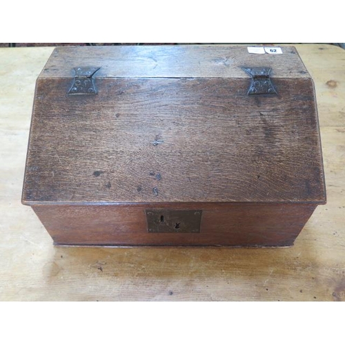 62 - A 19th century oak clerks box with a sloping front and three internal drawers, 27cm tall x 49cm x 30... 