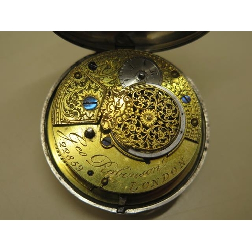 813 - A silver pair cased pocket watch with a fusee movement signed Geo Robinson London 22858, 5.8cm outer... 
