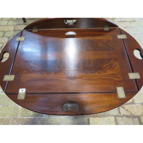 26 - A 20th century butlers tray on stand, in good polished condition, 46cm tall x 100cm wide with flaps ... 