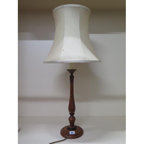 41 - An elegant burr wood effect table lamp, 74cm tall, with Dupion silk shade, in working order