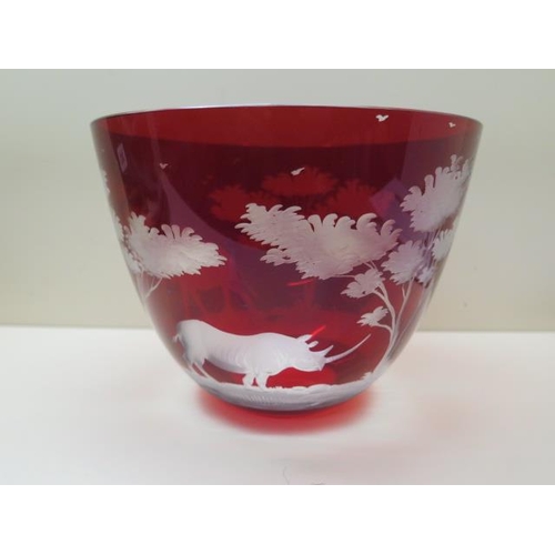 322 - A Roland Ward ruby glass overlay etched bowl, 17cm tall x 22cm diameter, some small scratches mainly... 