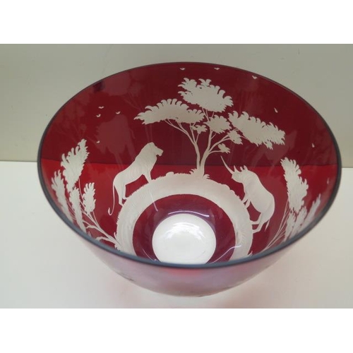 322 - A Roland Ward ruby glass overlay etched bowl, 17cm tall x 22cm diameter, some small scratches mainly... 