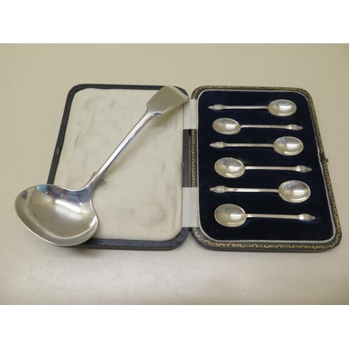 504 - A silver ladle and a boxed set of six silver coffee spoons, total approx 4 troy oz